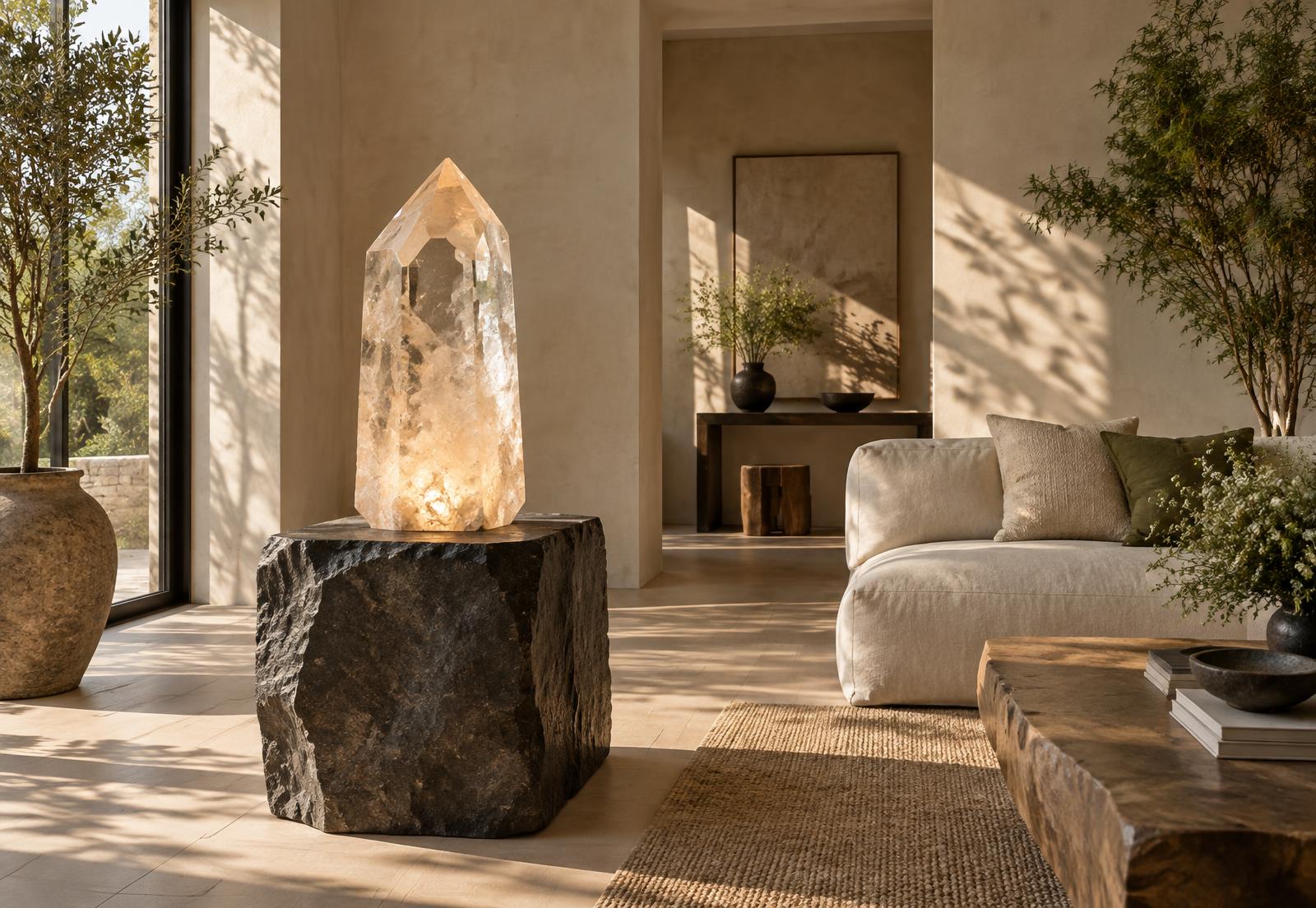 A luminous quartz point in a serene natural interior